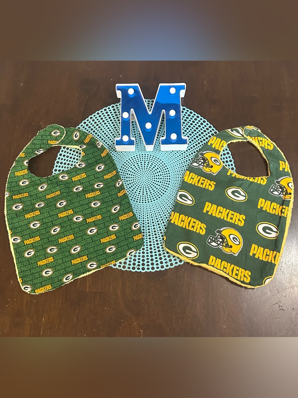 Pair of handmade Green Bay Packers Baby Bibs with Velcro fastener